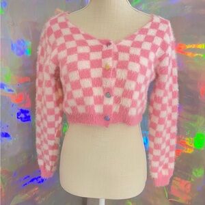 Soft Pastel Fuzzy Heart-Button Cardigan